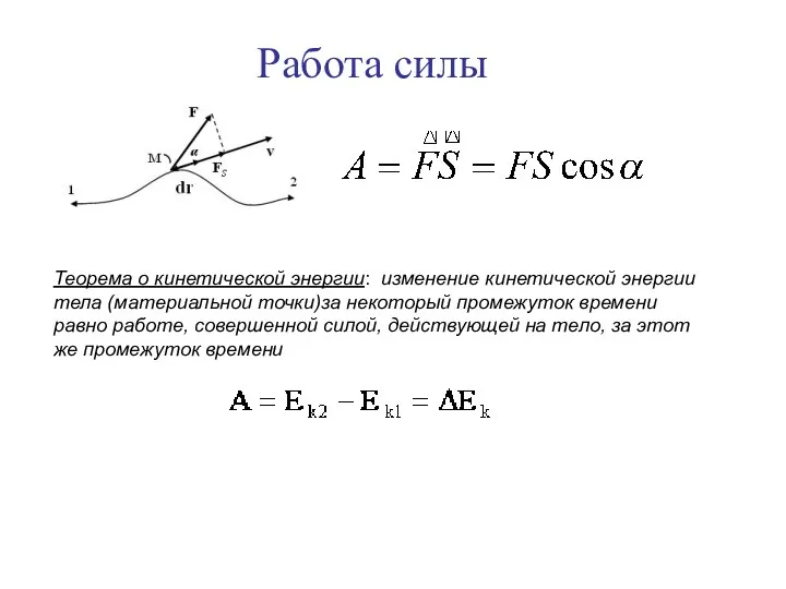 Работа силы Теорема о кинетической энергии: изменение кинетической энергии тела (материальной точки)за некоторый
