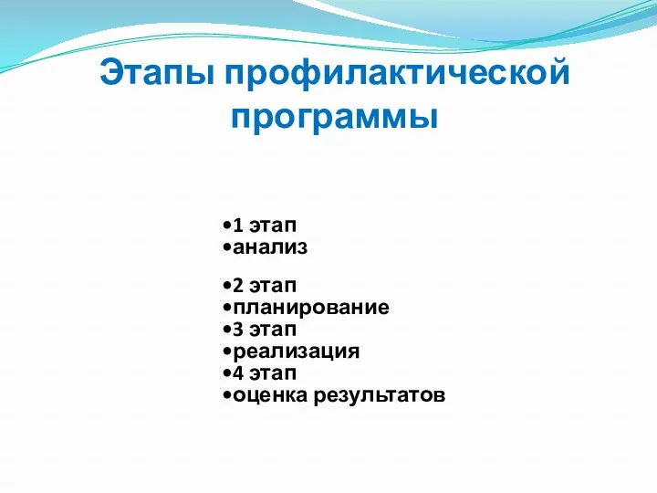 Этапы профилактической программы 1 этап анализ 2 этап планирование 3 этап реализация 4 этап оценка результатов