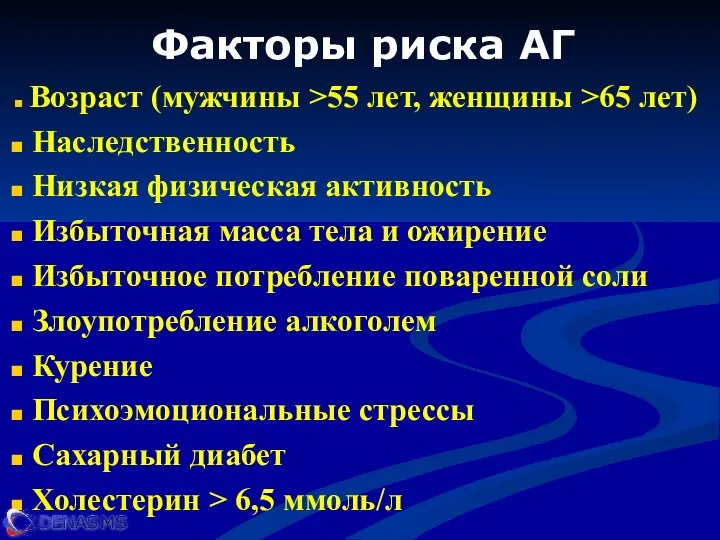 Факторы риска АГ Возраст (мужчины >55 лет, женщины >65 лет)