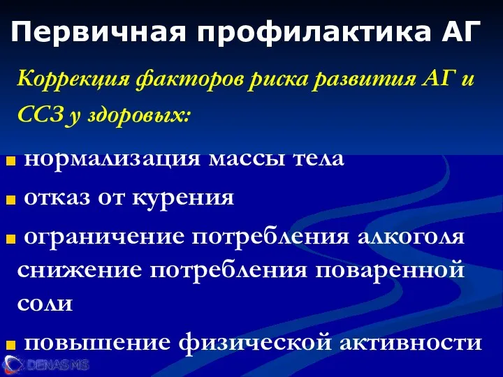 Первичная профилактика АГ Коррекция факторов риска развития АГ и ССЗ