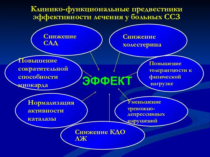 Клинико-функциональные предвестники эффективности лечения у больных ССЗ Снижение САД Уменьшение