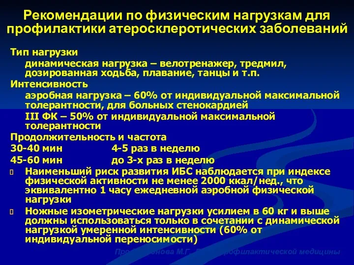 Рекомендации по физическим нагрузкам для профилактики атеросклеротических заболеваний Тип нагрузки