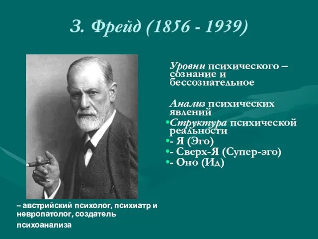 З. Фрейд (1856 - 1939) Уровни психического – сознание и