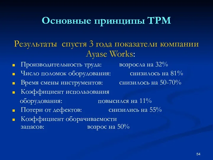 Основные принципы TPM Результаты спустя 3 года показатели компании Ayase Works: Производительность труда: