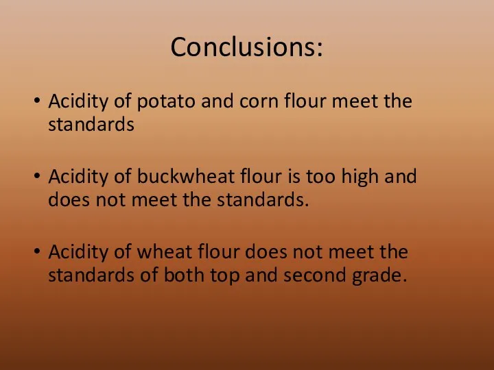 Conclusions: Acidity of potato and corn flour meet the standards