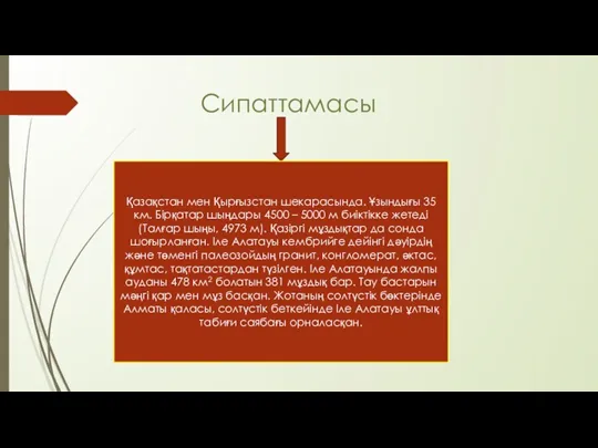 Сипаттамасы Қазақстан мен Қырғызстан шекарасында. Ұзындығы 35 км. Бірқатар шыңдары