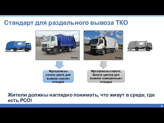 Стандарт для раздельного вывоза ТКО Мусоровозы синего цвета для вывоза