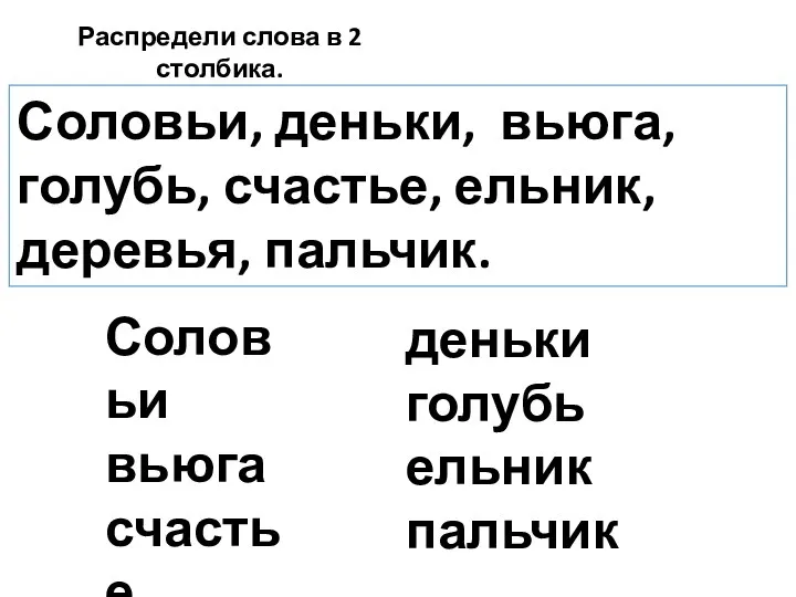 Распредели слова в 2 столбика. Соловьи, деньки, вьюга, голубь, счастье,