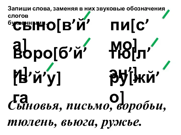 Запиши слова, заменяя в них звуковые обозначения слогов буквенными. сыно[в’й’а]