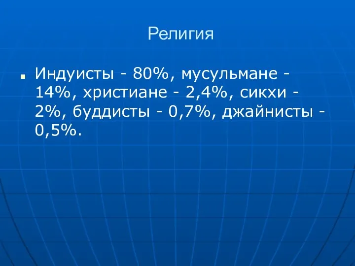 Религия Индуисты - 80%, мусульмане - 14%, христиане - 2,4%,