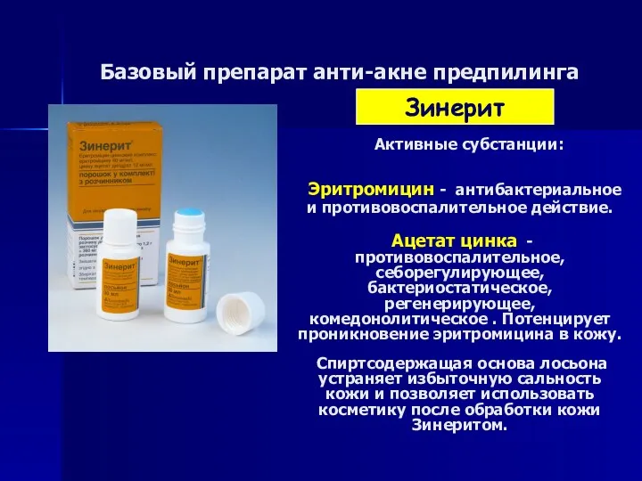 Базовый препарат анти-акне предпилинга Зинерит Активные субстанции: Эритромицин - антибактериальное и противовоспалительное действие.