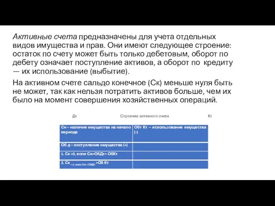 Активные счета предназначены для учета отдельных видов имущества и прав.