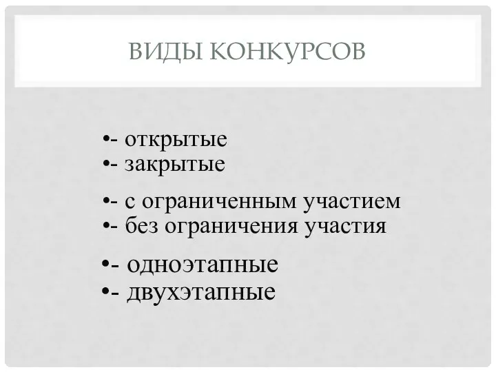 ВИДЫ КОНКУРСОВ - открытые - закрытые - с ограниченным участием