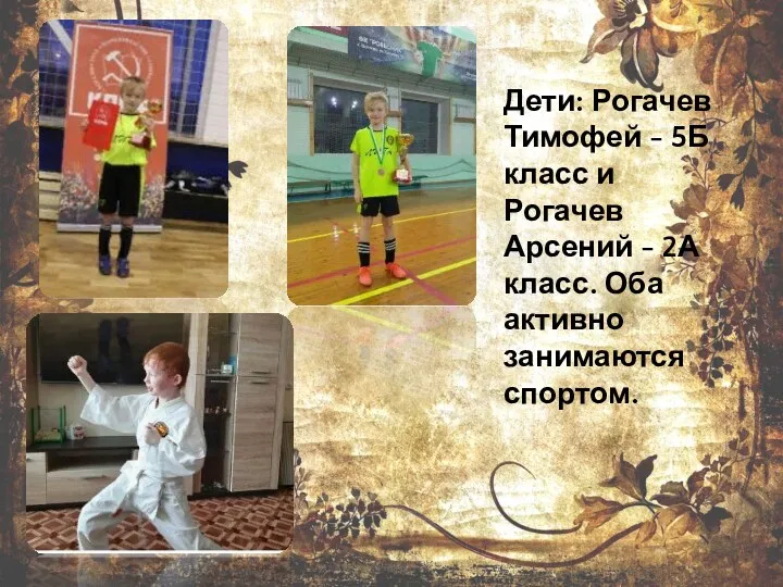 Дети: Рогачев Тимофей - 5Б класс и Рогачев Арсений - 2А класс. Оба активно занимаются спортом.