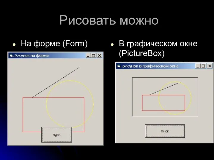 Рисовать можно На форме (Form) В графическом окне (PictureBox)