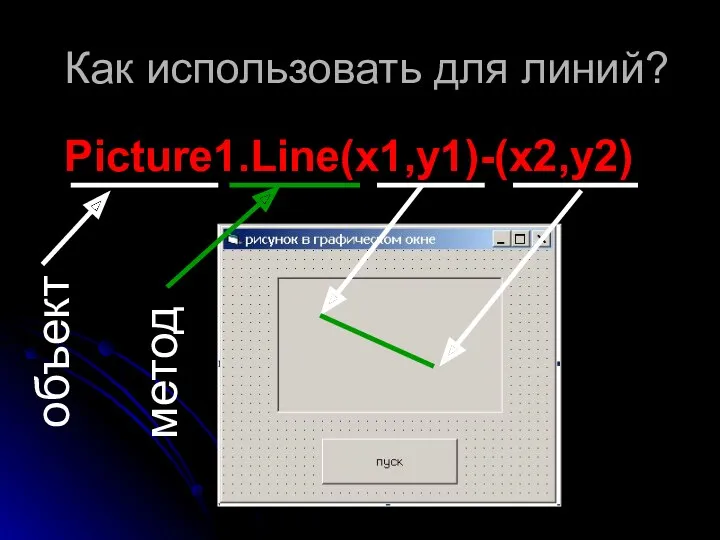 Как использовать для линий? Picture1.Line(x1,y1)-(x2,y2) объект метод