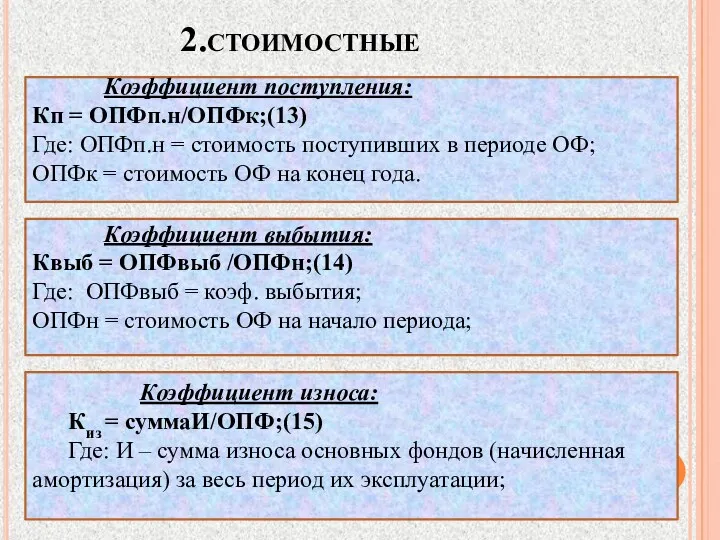 2.стоимостные Коэффициент поступления: Кп = ОПФп.н/ОПФк;(13) Где: ОПФп.н = стоимость