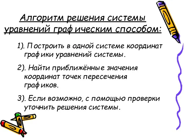 Алгоритм решения системы уравнений графическим способом: 1). Построить в одной