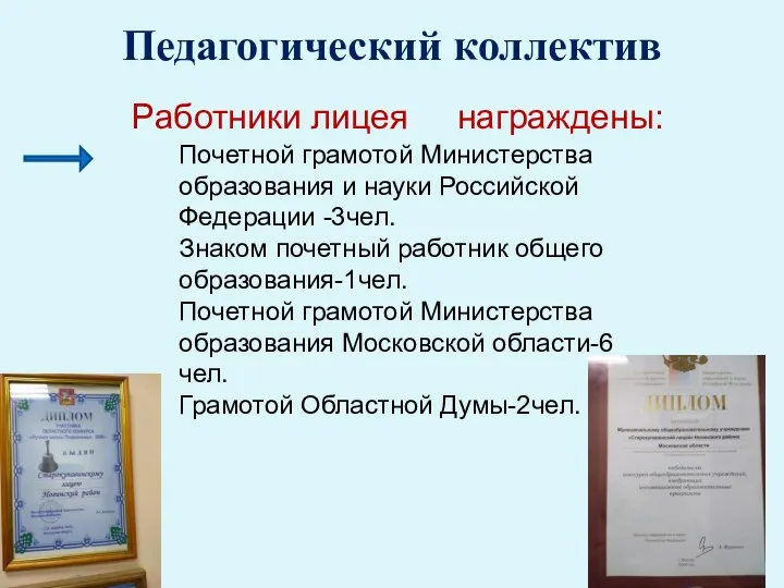 Педагогический коллектив Работники лицея награждены: Почетной грамотой Министерства образования и