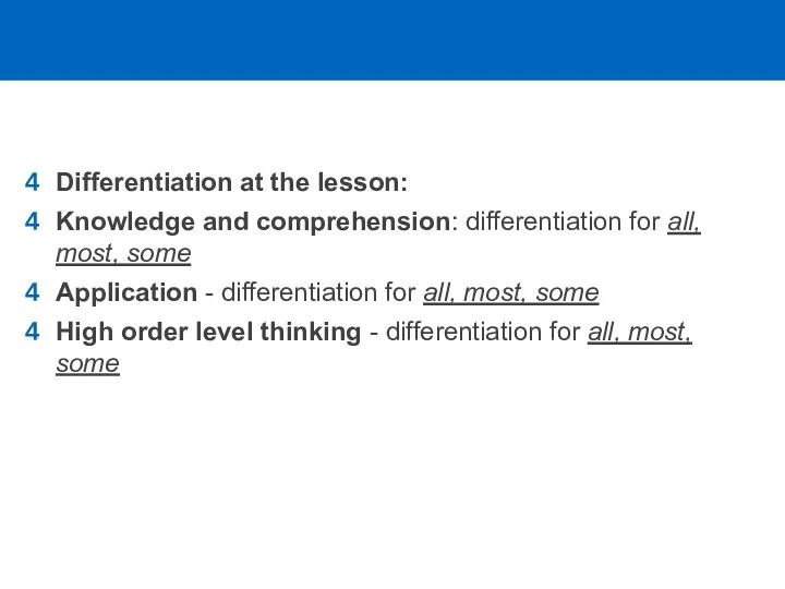 Differentiation at the lesson: Knowledge and comprehension: differentiation for all,