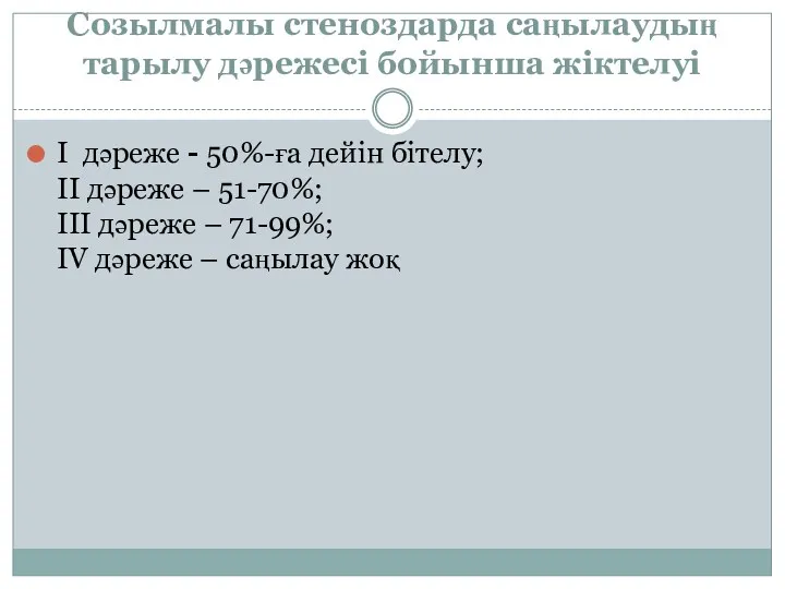 Созылмалы стеноздарда саңылаудың тарылу дәрежесі бойынша жіктелуі I дәреже -