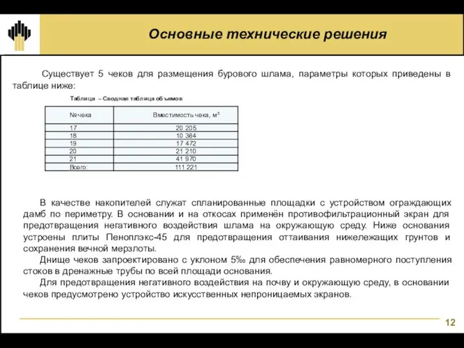 Основные технические решения Существует 5 чеков для размещения бурового шлама, параметры которых приведены