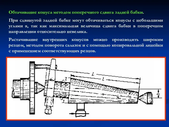 Обтачивание конуса методом поперечного сдвига задней бабки. При сдвинутой задней