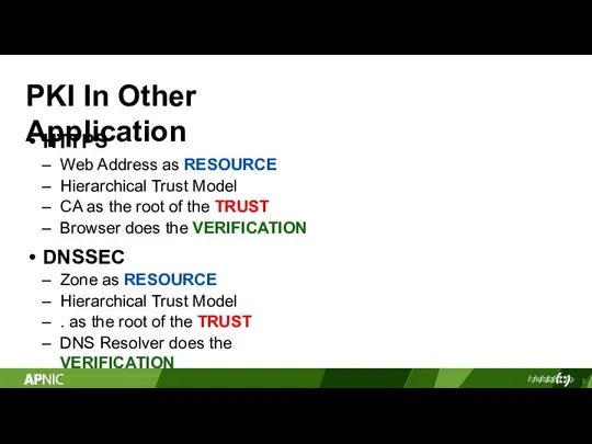 PKI In Other Application HTTPS Web Address as RESOURCE Hierarchical Trust Model CA