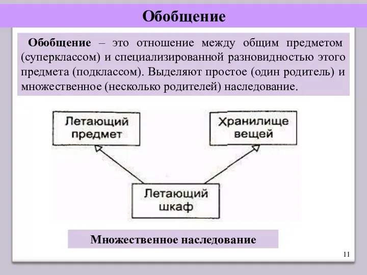 Обобщение Обобщение – это отношение между общим предметом (суперклассом) и