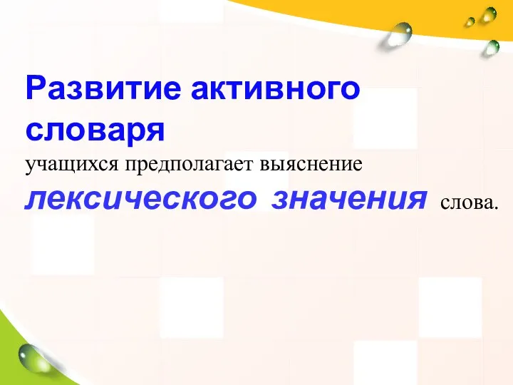 Развитие активного словаря учащихся предполагает выяснение лексического значения слова.