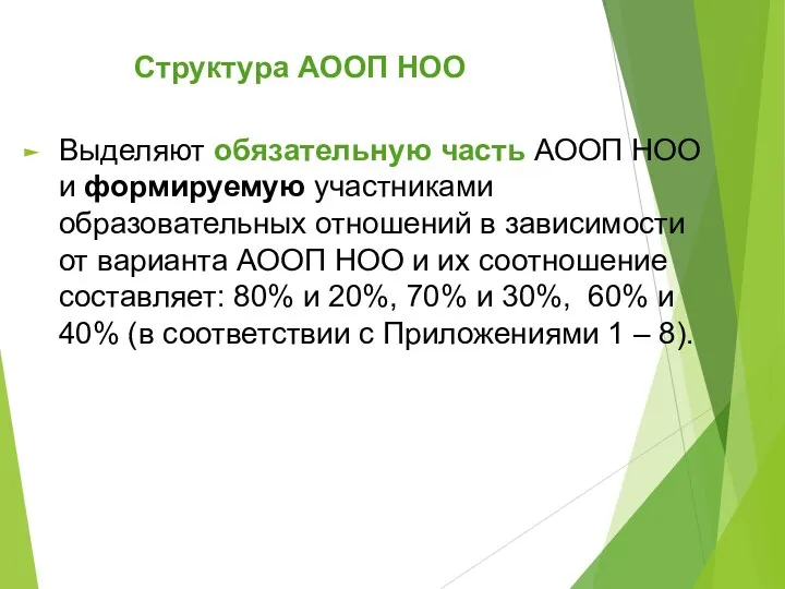 Структура АООП НОО Выделяют обязательную часть АООП НОО и формируемую участниками образовательных отношений