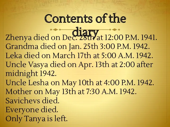 Zhenya died on Dec. 28th at 12:00 P.M. 1941. Grandma died on Jan.