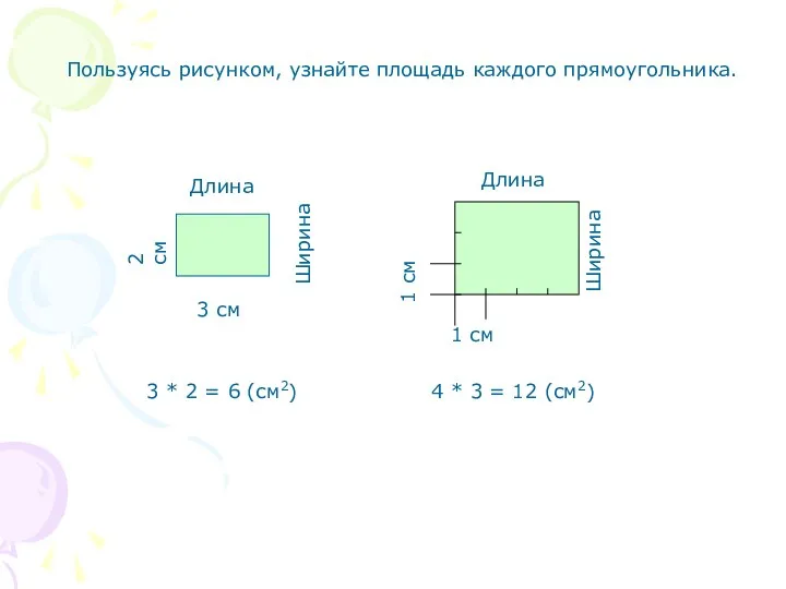 Пользуясь рисунком, узнайте площадь каждого прямоугольника. 3 см Длина Ширина