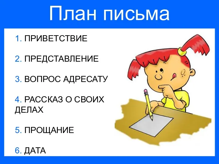 План письма План письма 1. ПРИВЕТСТВИЕ 2. ПРЕДСТАВЛЕНИЕ 3. ВОПРОС