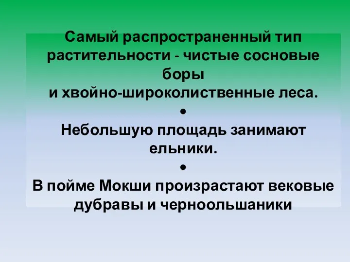 Самый распространенный тип растительности - чистые сосновые боры и хвойно-широколиственные