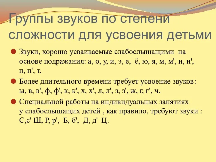 Группы звуков по степени сложности для усвоения детьми Звуки, хорошо