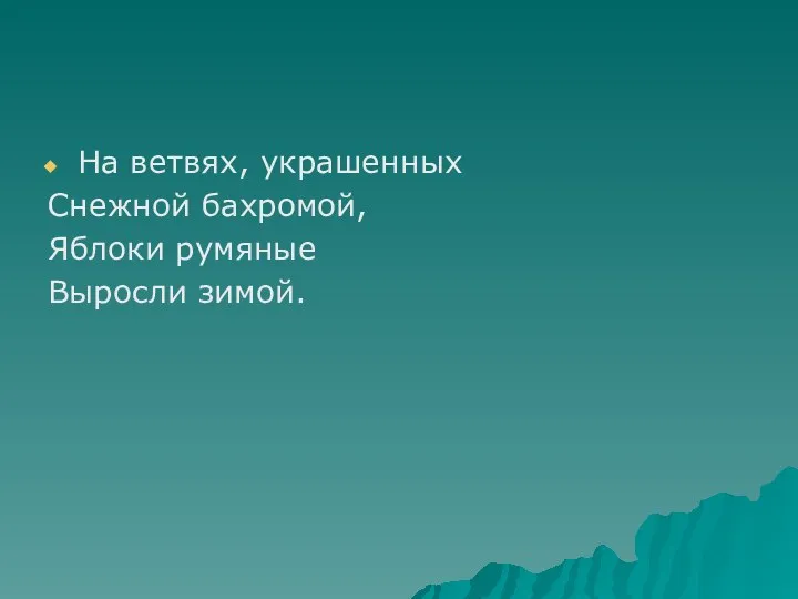 На ветвях, украшенных Снежной бахромой, Яблоки румяные Выросли зимой.