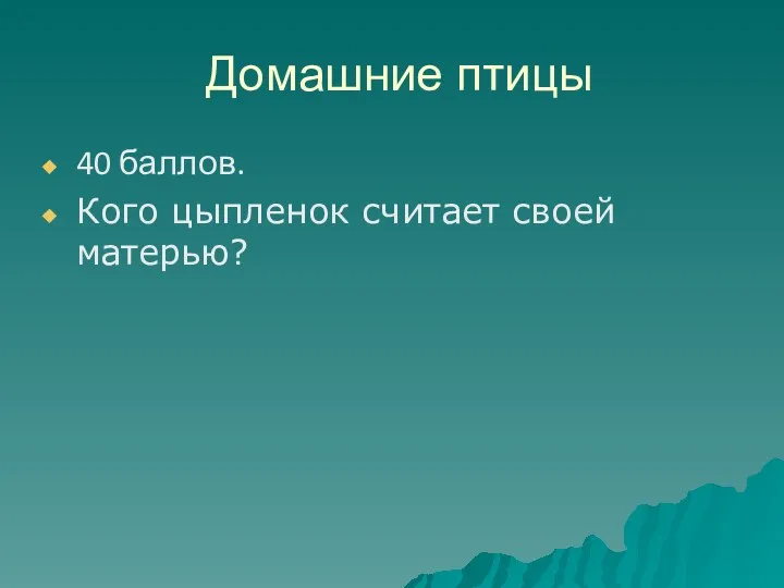 Домашние птицы 40 баллов. Кого цыпленок считает своей матерью?