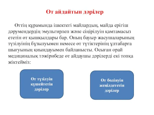 Өт айдайтын дәрілер Өттің құрамында ішектегі майлардың, майда ерігіш дәрумендердің