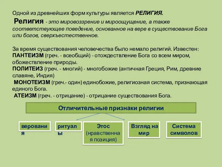 Одной из древнейших форм культуры является РЕЛИГИЯ. Религия - это