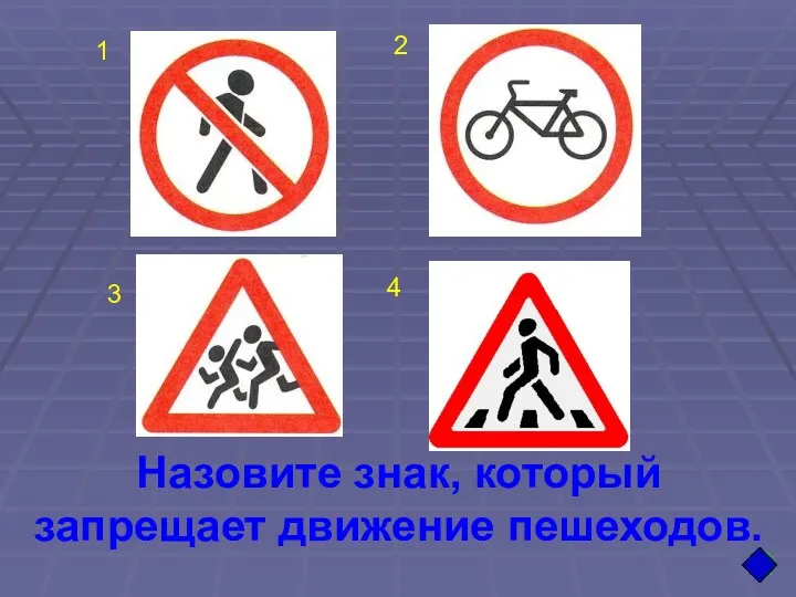 Назовите знак, который запрещает движение пешеходов. 1 2 3 4