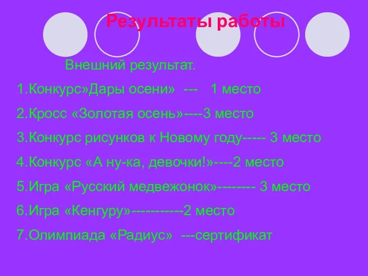 Результаты работы Внешний результат. 1.Конкурс»Дары осени» --- 1 место 2.Кросс