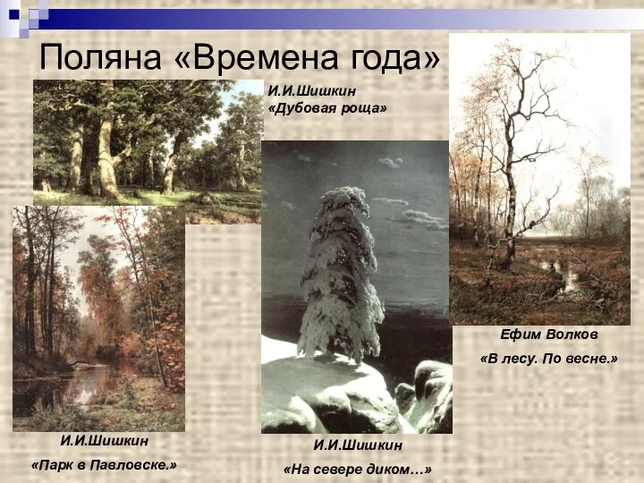 Поляна «Времена года» И.И.Шишкин «Парк в Павловске.» И.И.Шишкин «На севере