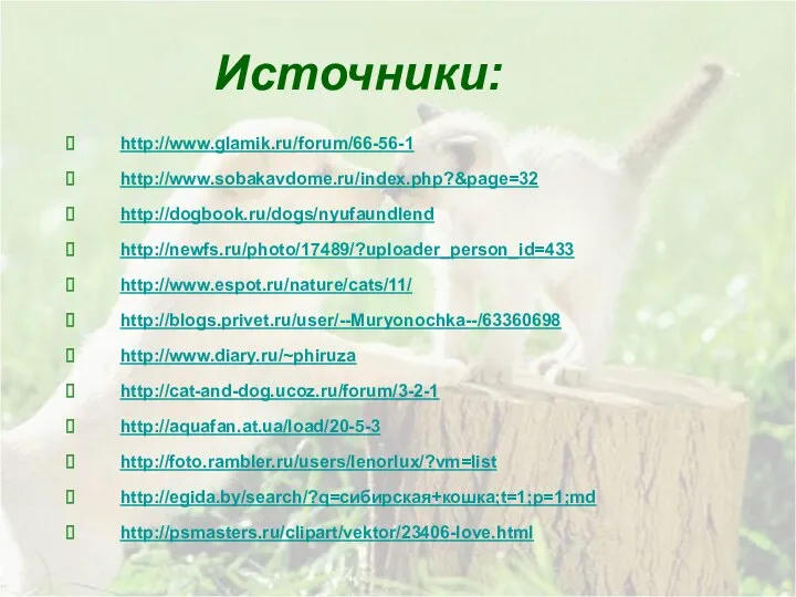 http://www.glamik.ru/forum/66-56-1 http://www.sobakavdome.ru/index.php?&page=32 http://dogbook.ru/dogs/nyufaundlend http://newfs.ru/photo/17489/?uploader_person_id=433 http://www.espot.ru/nature/cats/11/ http://blogs.privet.ru/user/--Muryonochka--/63360698 http://www.diary.ru/~phiruza http://cat-and-dog.ucoz.ru/forum/3-2-1 http://aquafan.at.ua/load/20-5-3 http://foto.rambler.ru/users/lenorlux/?vm=list http://egida.by/search/?q=сибирская+кошка;t=1;p=1;md http://psmasters.ru/clipart/vektor/23406-love.html Источники: