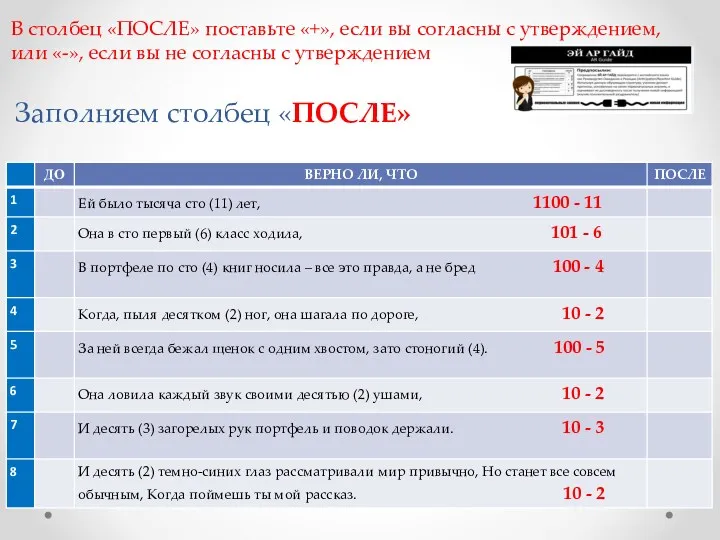 Заполняем столбец «ПОСЛЕ» В столбец «ПОСЛЕ» поставьте «+», если вы