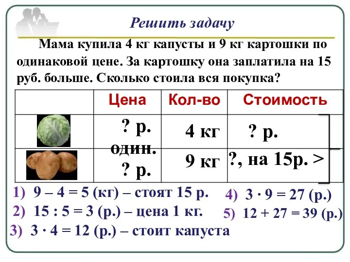 Решить задачу Мама купила 4 кг капусты и 9 кг