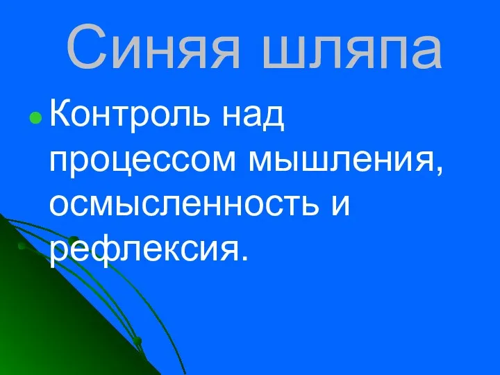 Синяя шляпа Контроль над процессом мышления, осмысленность и рефлексия.