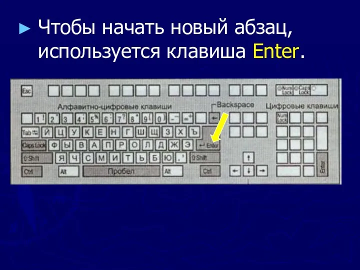 Чтобы начать новый абзац, используется клавиша Enter.