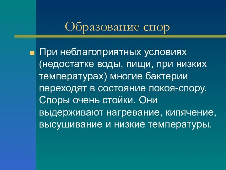 Образование спор При неблагоприятных условиях (недостатке воды, пищи, при низких