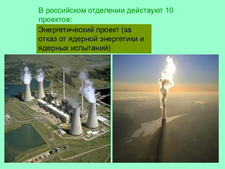 В российском отделении действуют 10 проектов: Энергетический проект (за отказ от ядерной энергетики и ядерных испытаний)